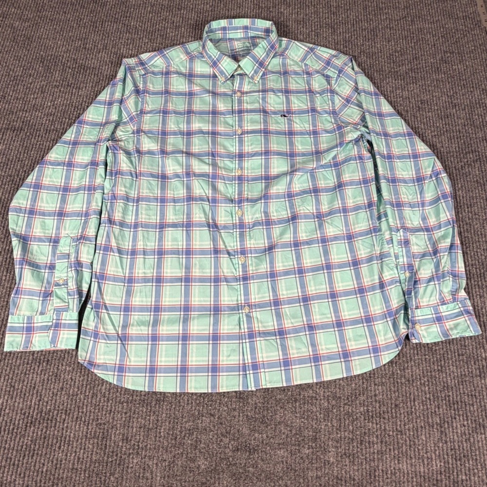 Vineyard Vines Performance Shirt Mens XL Classic Fit Plaid Button Down Green Blu